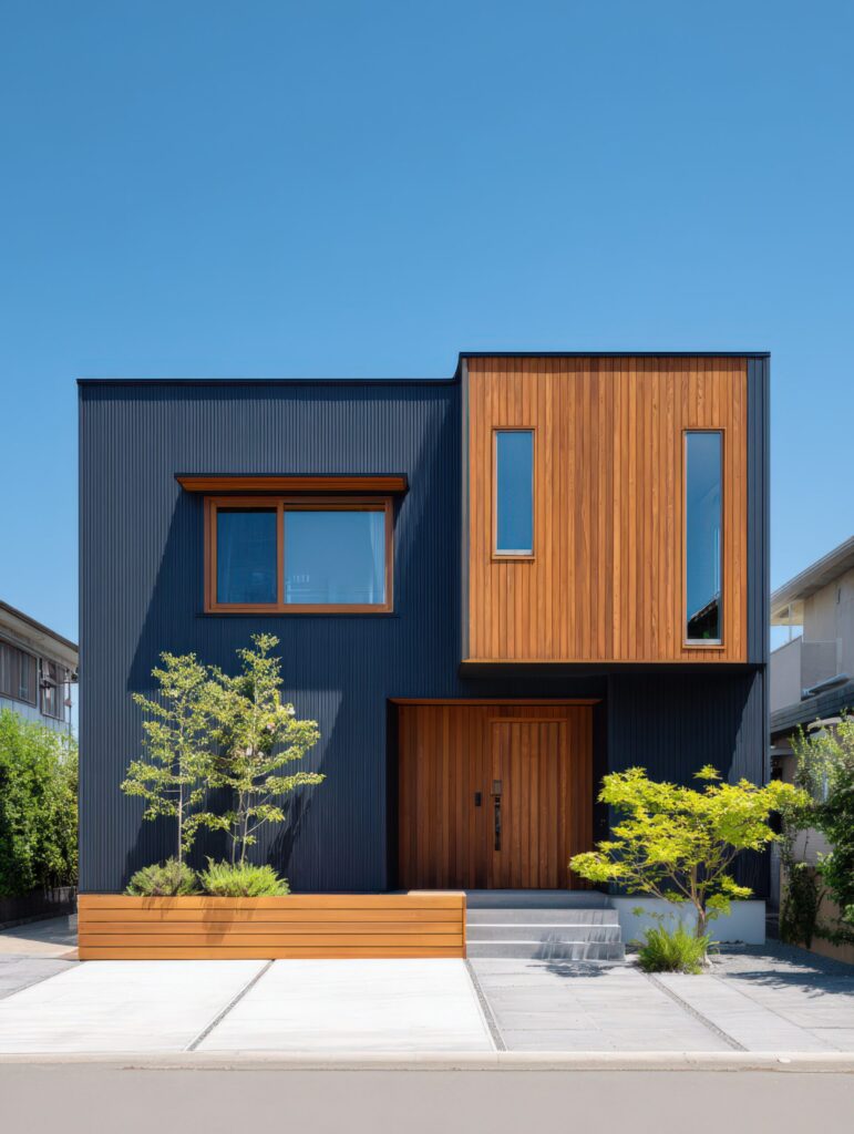 紺色の外壁と木を組み合わせた住まい
