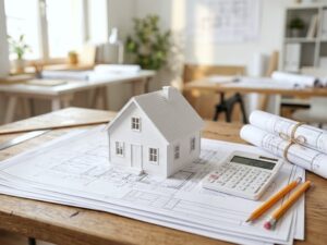 打ち合わせテーブルに置かれた住宅模型と図面と電卓