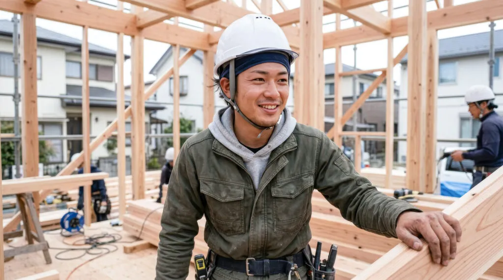 木の軸組を建てる地元の大工